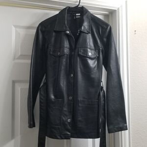 H&M black faux leather trenchcoat jacket size xs